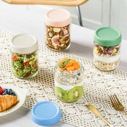 DRKIO 16 Oz Overnight Oats Containers with Lids - 6 Pack Glass Storage Jars with Airtight Lids Wide Mouth Mason Food Jars Great for Meal Prep Salad Chia Pudding Snacks Yogurt Sugar Spice Cereal - color: 16 Oz - 6 Colors