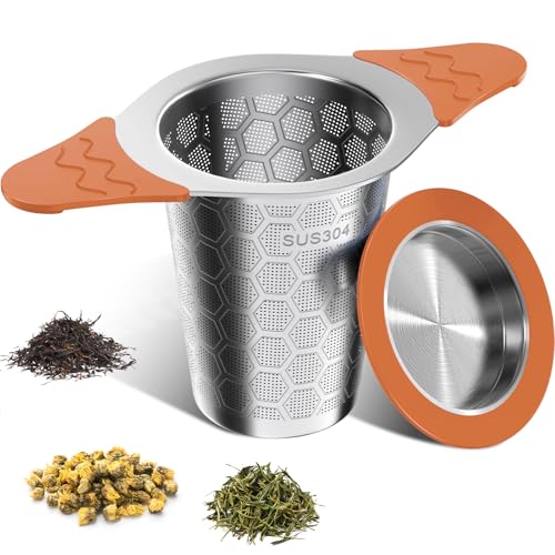 Tea Infuser for Loose Leaf Tea,18/8 Stainless Steel Tea Infuser with Heat Proof Silicone Handles,Extra Fine Mesh Tea Strainers Filter Fine Tea Leaves Effectively,Fits TeaPots/Mugs-Orange - size: Sunset Orange