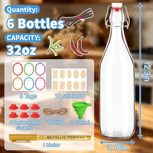 6 Pack 32oz Swing Top Glass Bottles – Flip Top Bottles with Stoppers for Vanilla Extract, Kombucha, Kefir, Home Brewing, Fermentation & Gifting, Includes Funnel & Extra Gaskets