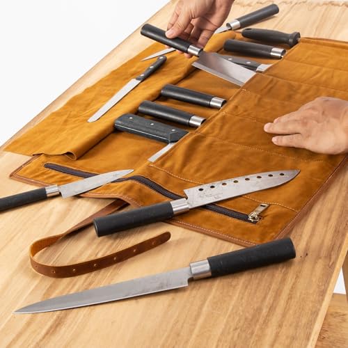 Genuine Leather Knife Roll, Knife Bags for Chefs Professional, Small Chef'S Knife Case Holder, Knives Holders Protectors with 7 Slots (7 Slots and Zipper Dark brown) - color: 7 Slots and Zipper Dark brown