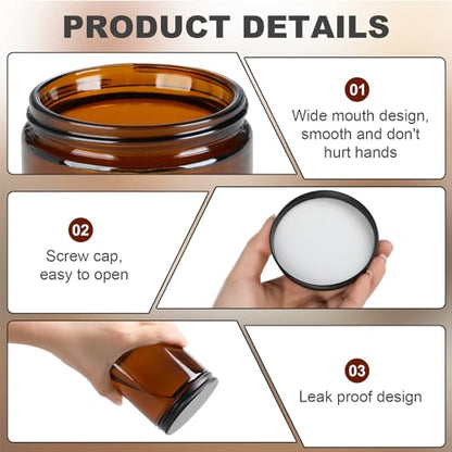 Goiio 6 Pack Amber Glass Jars, 8 Oz Thick Amber Round Glass Jars | with Black Metal Lids, for Spice, Sample, Leakproof and Dishwasher Safe