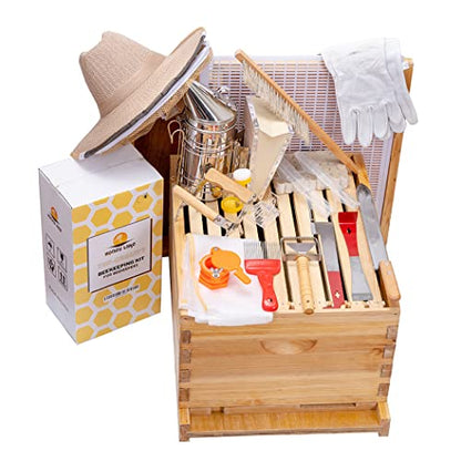 Honey Lake 8 Frame Beehive Starter Kit – Beeswax Coated Deep Beehive Box with Frames, Complete Beekeeping Kit for Beginners with Bee Smoker, Hive Tools, Brush, Gloves & Protective Veil Hat - size: 8-Frame
