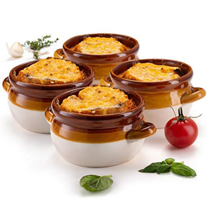 KooK French Onion Soup Bowl, French Onion Soup, Crock, Oven Safe Bowl, Ceramic, Handles, Stoneware, Dishwasher, Microwave, Oven & Broil Safe 16oz Standard Capacity & 18oz Full Capacity Set of 4 - style: Brown