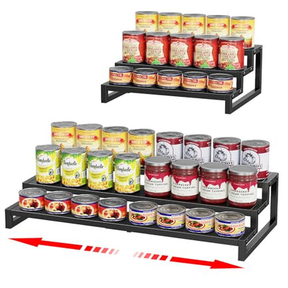 Dmevkic 3-Tier Expandable Can Organizer for Pantry,Adjustable 15''-25'' Metal Can Organizer Holds Up to 24 Cans,Can Holder for Pantry Kitchen Cabinet Countertop,Black