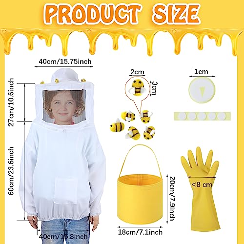 Jiuguva 13 Pcs Beekeeper Set Includes 1 Beekeeper Jacket 5 Pcs Wool Felt Bees 5 Pcs Round Double Sided Tape 1 Beekeeping Gloves 1 Felt Bucket for Children Beekeeping Supplies Halloween (Medium)