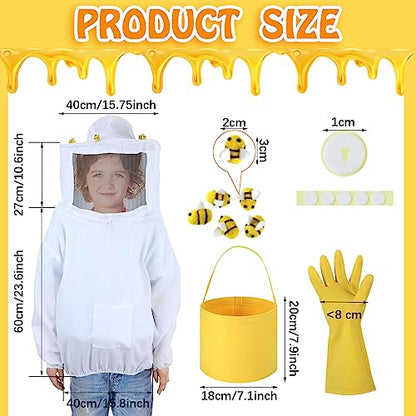 Jiuguva 13 Pcs Beekeeper Set Includes 1 Beekeeper Jacket 5 Pcs Wool Felt Bees 5 Pcs Round Double Sided Tape 1 Beekeeping Gloves 1 Felt Bucket for Children Beekeeping Supplies Halloween (Medium)