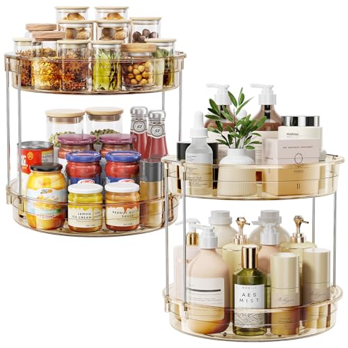 LAMU 2 Pack 2 Tier Lazy Susan Turntable Organizer 12'' Rotating Spice Rack Organization for Cabinet, Kitchen, Pantry, Countertop, Bathroom, Vanity, Medicine Cabinet Organizer, Amber - color: Amber, size: 12in 2Pack High Edge