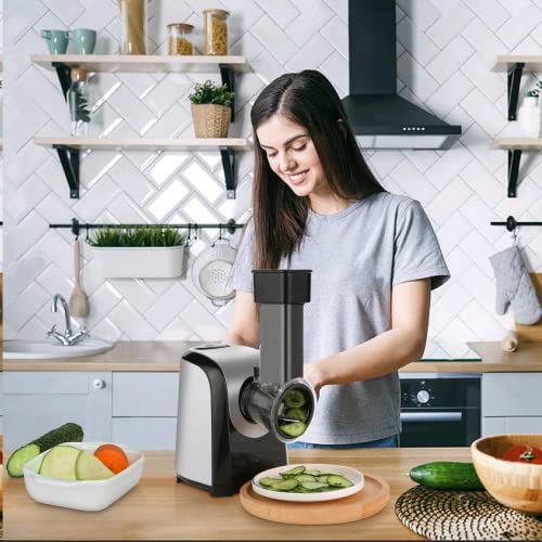 Electric Cheese Grater 5-in-1, 150W Salad Shooter & Food Slicer | Vegetable Shredder & Food Processor with 5 Stainless Steel Cones for Block Cheese, Carrots, Cabbage & Nuts, BPA-Free