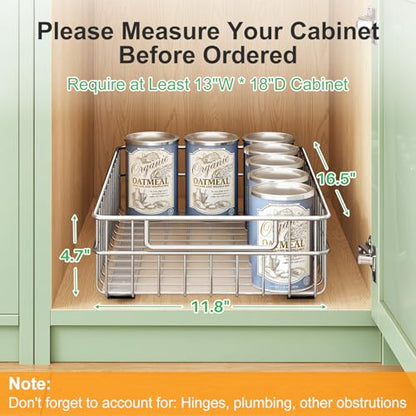 Pull out Cabinet Organizer, Stainless Steel 2-Pack Slide out Drawer with Silent Full-Extension Slides, Adhesive Roll out Can Spice Storage Basket Shelf Rack for Pantry, Kitchen, Bathroom, Home Closet - size: (11.8"W x 16.5"D x 4.7"H)