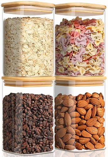 VIEWELLD 1.2 Qt Square Glass Storage Containers with Lids, glass jar with airtight lid, Glass Canister for Pantry Cookie Cereal Rice Sugar Tea Coffee Beans Spice, Square Set of 4