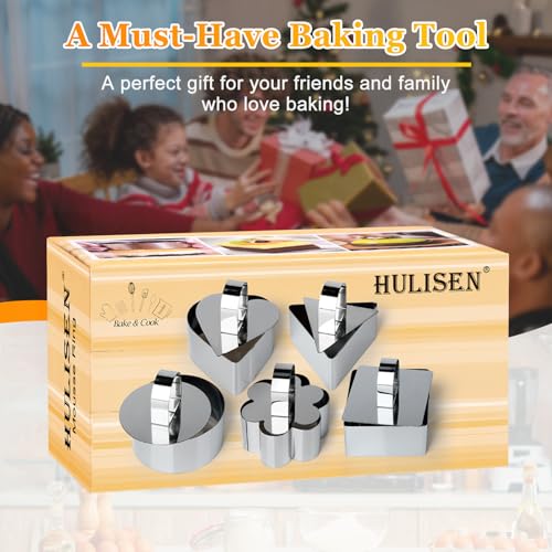 HULISEN Set of 5 Cake Ring Mold, Stainless Steel 3” Dessert Food Molds with Pushers, Food Cooking Rings for Tuna Tartare, Pancake, Rice - size: 5 Shapes/ Set-3 Inch with Pushers