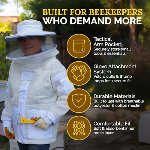 Pro Ventilated Bee Keeper Jacket for Men & Women – Sting Resistant, Ventilated Cotton Mesh, Bee Protective Gear for Hive Inspections – White Bee Jacket, White, M - size: M