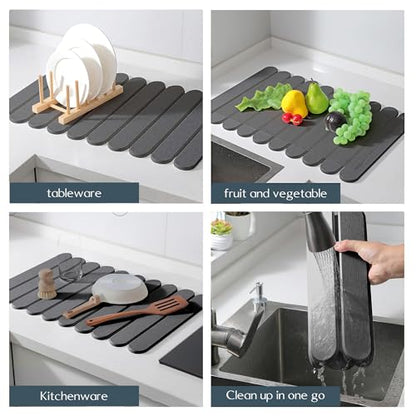 24"×16" Grey Stone Dish Drying Mats for Kitchen Counter, Large Quick Dry Collapsible Eco-Friendly Super Absorbent Diatomaceous Earth Heat-resistant Mat for Dishes Bottles Cups, Match Any Countertop - color: Dark Gray