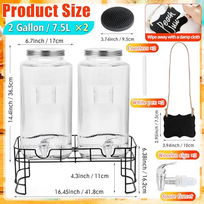 2 Pack 2 Gallon Glass Drink Dispenser Glass Beverage Dispenser with Stand Spigot Drink Coasters and Filter Leakproof Water Jar Clear Iced Drink Jug for Parties Juice Lemonade Picnics Fridge