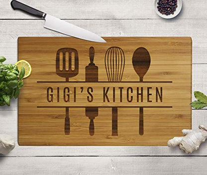 Andaz Press Large Bamboo Wood Cutting Board Gift, 17.75 x 11-inch, Gigi's Kitchen, Utensils Graphic, 1-Pack, Laser Engraved Serving Chopping Board Christmas Birthday Chef Kitchen Ideas - color: Gigi