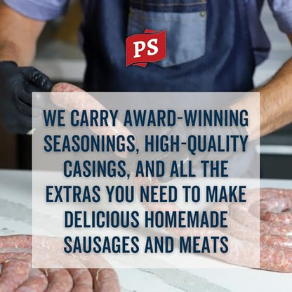 PS Seasoning Cheddar Mac N’ Cheese Bratwurst Kit - Sausage making Seasoning And Natural Hog Casings For 10 Lbs Of Meat Easy Homemade Brats For Pork, Beef, Venison, Wild Game