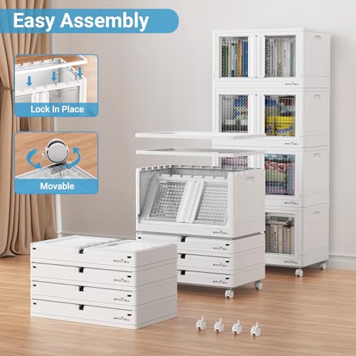 BROVIEW 300Qt Plastic Foldable Storage Bins with Lids & Doors, 75Gal Stackable Closet Organizer and Storage Drawers with Wheels, Collapsible Storage Cabinet, Shelves for Home Kitchen, V10 3Pack White