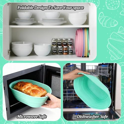 4 Pcs Silicone Bread Proofing Baskets, 10 Inch Oval Foldable Banneton Basket, Dough Proofing Bowls Containers Sourdough Baking Supplies with Non-Stick Surface