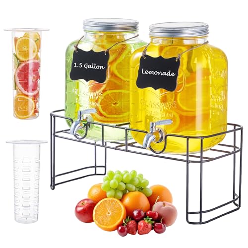 1.5 Gallon Glass Drink Dispensers for Parties, 2PACK Beverage Dispenser with Stand, Ice Cylinder and Stainless Steel Spigot 100% Leakproof, Beverage Dispenser for Lemonade Sun Tea