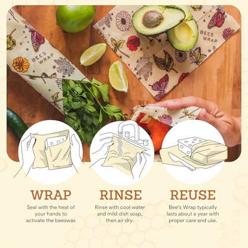 Bee's Wrap Beeswax Wraps for Food - 3 Pack of Assorted Beeswax Wraps - Small, Medium & Large Wrap - Plastic Free Made in USA Reusable Natural Food Wrap - Meadow Magic Print - style: 3 Pack (Meadow Magic)