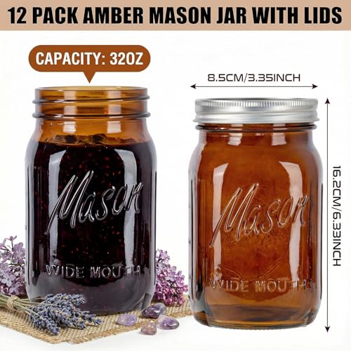 SUT Amber Wide Mouth Mason Jars 32 oz,9 Pack Quart Mason Jars With Airtight lids and Bands,Canning Jars 32 oz for Preserving,Meal Prep,Overnight Oats,Fermenting - color: Amber