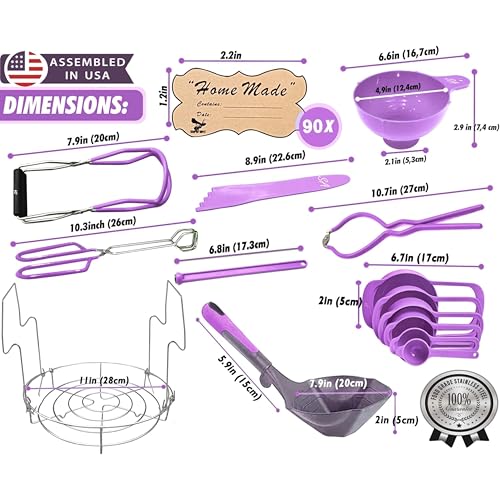 Supa Ant Canning Supplies Starter Kit- Canner Accessories with Canning Rack for Jars, XL Ladle,Wide Mouth Jar Funnel,Jar Lifter and Wrench,Bubble Popper/Measurer,Lid Lifter,Kitchen Tongs (Lavender) - color: Lavender