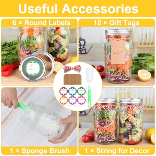 32 oz Wide Mouth Mason Jars with Lids and Bands, 6 Pack Quart Canning Jars, Embossed Glass Mason Jars for Centerpieces, Preserving, Pickling, Meal Prep, Jam, DIY Crafts