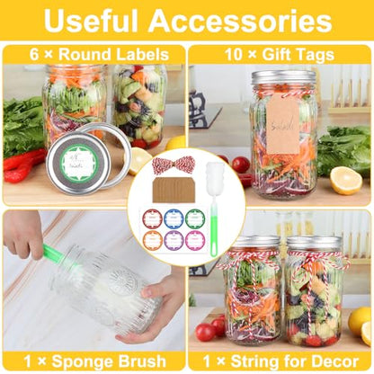 32 oz Wide Mouth Mason Jars with Lids and Bands, 6 Pack Quart Canning Jars, Embossed Glass Mason Jars for Centerpieces, Preserving, Pickling, Meal Prep, Jam, DIY Crafts