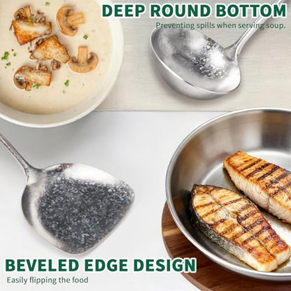 Newness Soup Ladle and Solid Turner, Pure Titanium Soup Spoon and Turner | [Rustproof, Heat Resistance] Resilient, with Long Ergonomic Natural Wooden Round Handle, Non-Toxic Cooking Spoon for Kitchen - size: Soup Ladle and Solid Turner