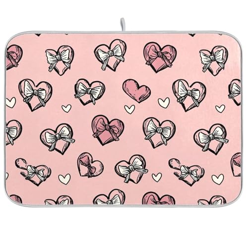 Dish Drying Mat for Kitchen Counter Light Pink Heart Bows Valentine Day Absorbent Drying Dish Mat 16×18 inch Dish Rack Pad Coffee Mat for Sink Dishes Under Rack - color: multicolored.11, size: 16x18in