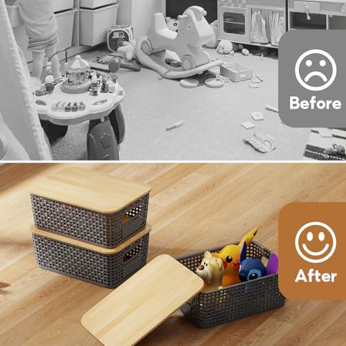 8 Pcs Plastic Storage Bins with Bamboo Lids and Labels 5.29qt Stackable Box Basket Pantry Decorative Containers, Small Storage Baskets for Drawers Organizing Closets Bedrooms Cabinets 10*7.2*4.1" - style: Gray-Bamboo Lid