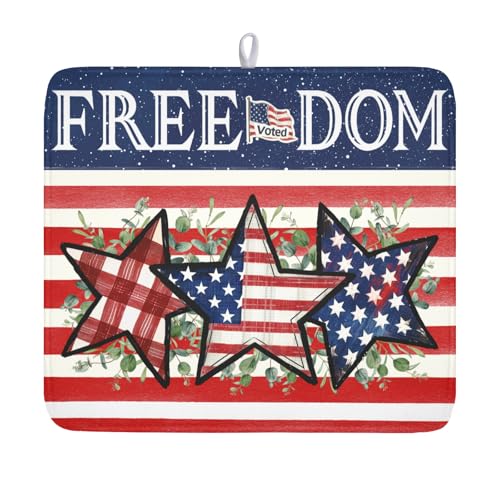 4th of July Dish Drying Mat 18x16 Inch, Patriotic Drying Mat with Absorbent Reversible Microfiber, Independence Day Dish Drainer Mats Memorial Day Rack Pad for Coffee Countertop Kitchen Protector - color: Patriotic Star Blue Red, size: 18" x 16"
