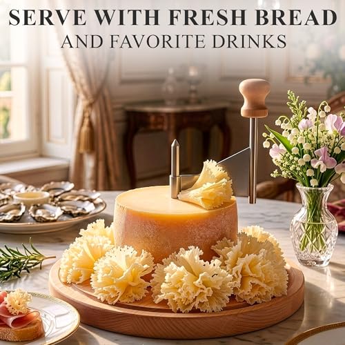 Cheese Curler for Making Rose-Shaped Cuts, Stainless Steel Blade | Manual Cheese Shaver, Compatible with 16-18 cm Tête De Moine Cheese Wheel, Non-Slip Wood Base, Fasteners, Rotating Hand-Crank