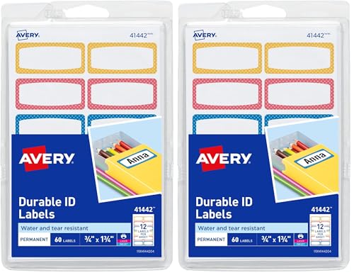 Avery Durable Labels for Kids' Gear, 3/4" x 1-3/4", Assorted Border Colors, Water-Resistant Labels, 60 Count (41442), (Pack of 2) - size: 3/4 in. X 1-3/4 in. (Pack of 2)
