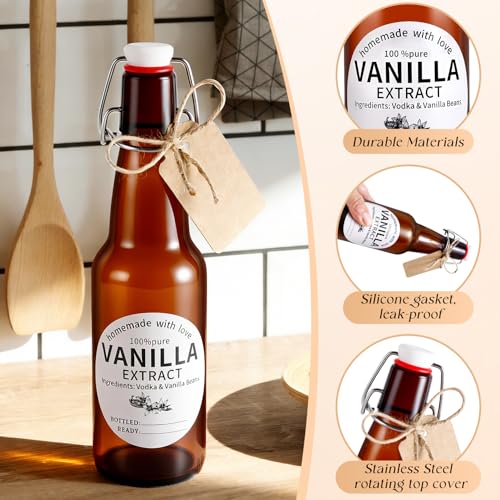 8 Pack 11 Oz Swing Top Glass Bottles Set - Glass Bottles for Vanilla Extract with Caps, Labels, Twine, Funnel & Brush, Reusable Flip Top Bottles for Home Brewing, Oil, Beer, Tea & DIY Crafts