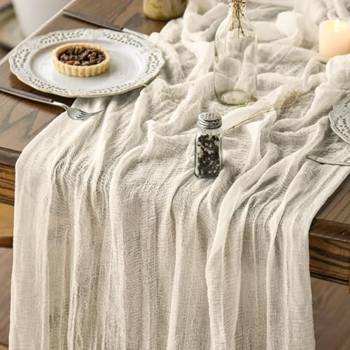 Artoid Mode Boho Cheesecloth Gauze Beige Wedding Table Runner, 120 Inch Seasonal Fabric Kitchen Dining Holiday Table Decor for Home Party Indoor - color: Beige, size: 120"