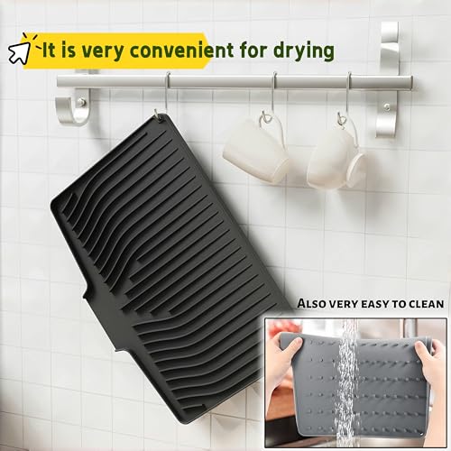 CIEO Silicone Dish Drying Mat for Kitchen Counter, Slope Fast Self-Draining, Non-Slip Drain Pad, Easy Clean Countertop Protection Mat, Multiple Use for Dishes Drying Rack（18.9"x 11.9",Black）