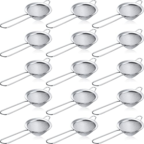 Yungyan 15 Packs Fine Mesh Small Strainer 3.3" Cocktail Strainer Stainless Steel Tea Strainers Mini Sieve Sifter for Juice, Tea Herbs, Coffee Drinks, Long Handle(Silver)