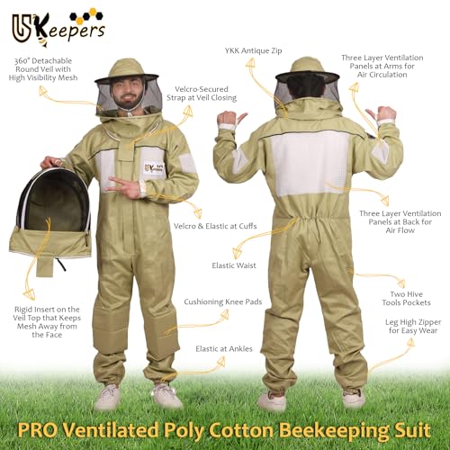 Ultra-Ventilated Polycotton Beekeeping Suit for Men & Women with Gloves & Two Beekeeping Veils-Professional & Beginner Apiarist Suit. (Olive,3XL) - color: Olive, size: 3X-Large