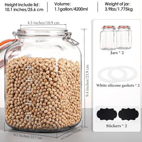 [UPGRADE] 2 Pack Square Super Wide Mouth Airtight Glass Storage Containers with Lids, 1.1 Gallon Glass Jars with 2 Measurement Marks, Canning Jars with Leak-proof Lid for Kitchen (Spare Gasket)