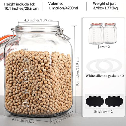 [UPGRADE] 2 Pack Square Super Wide Mouth Airtight Glass Storage Containers with Lids, 1.1 Gallon Glass Jars with 2 Measurement Marks, Canning Jars with Leak-proof Lid for Kitchen (Spare Gasket)