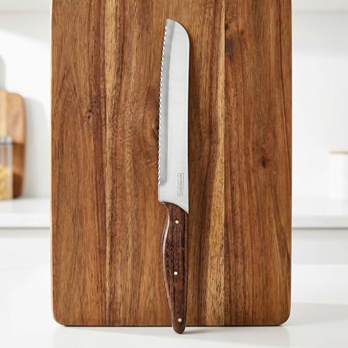 AM Steelcrafts Handmade Premium Artisanal 9 Inch Bread Knife, Serrated Stainless Steel Blade, Ergonomic Dark Wood Handle with Brass Rivets