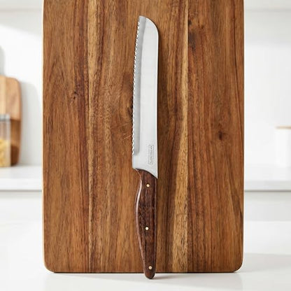 AM Steelcrafts Handmade Premium Artisanal 9 Inch Bread Knife, Serrated Stainless Steel Blade, Ergonomic Dark Wood Handle with Brass Rivets