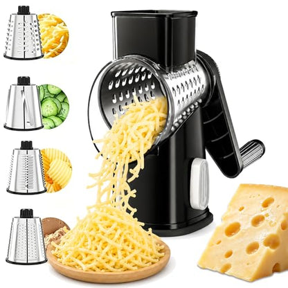 VEKAYA Rotary Cheese Grater Hand Crank with 4 Interchangeable Stainless Steel Blades, Large Manual Handle Shredder and Waffle Slicer for Vegetables, Cheese and Nuts with Table Suction Base (Black) - color: Black