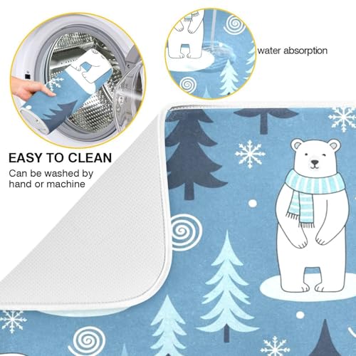 Polar Bears Trees Blue Dish Drying Mat for Kitchen Counter Super Absorbent Draining Mat with Non-slip Backed Drainer Mat for Countertops Sinks Draining Racks Dish Bottles Cups Bowl