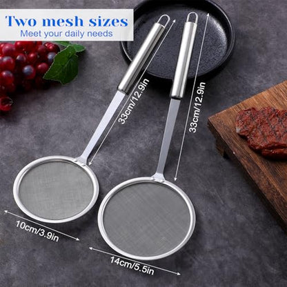 2Pcs Fat Skimmer Spoon, Stainless Steel Fine Mesh Strainer Food Strainer for Cooking,Skimming and Floating Grease Foam & Oil (10cm & 14cm)