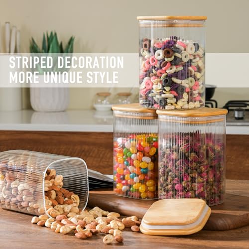 D2scrma 37oz Airtight Glass Square Storage Canisters with Bamboo Lids Set of 4 (1100ml) Striped Stackable Containers, Decorative Kitchen Jars for Tea, Nuts and Coffee (‎with Black Lable) - size: 37oz*4(Striped)