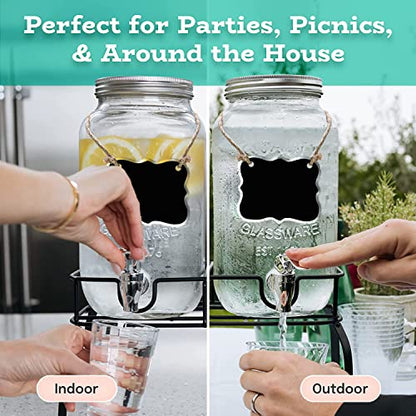 Estilo Glass Drink Dispenser for Parties - Set of 2-1 Gallon Halloween Drink Dispenser with Stand, Glass Water Dispenser Countertop for Weddings, Sun Tea Jar, Lemonade & Laundry Detergent Dispenser - style: Double w/ Stand & Labels