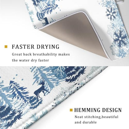 Giwawa Winter Blue Snowflake Dish Drying Mat Christmas Tree Kitchen Counter Dish Drainer Mats Xmas Forest Deer Moose Dish Dry Pad Bottles Protector for Kitchen Countertop Coffee Bar, 18x24 inch Large