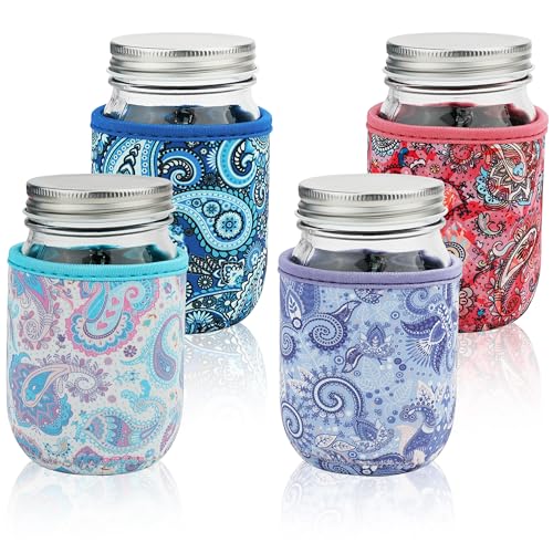 KJQJLY 4 Pcs Mason Jars Sleeves Neoprene 16oz Regular and Wide Mouth Mason Jar Sleeves Holder with Handle (Paisley, 16 OZ) - color: Paisley, size: 16 OZ